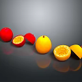 Fresh Citrus Fruits Whole and Sliced Red Yellow with Shiny Surface on Dark Background