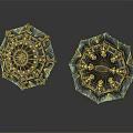 Ornate Octagonal Decorative Pieces With Green Glass And Gold Accents
