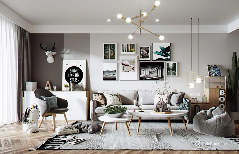 Modern Living Room Interior Design With Sofa Coffee Table Area Rug And Wall Art 3d model 