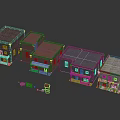 Small Vintage Model Buildings Featuring Various Roof Colors Detailed Windows And Mini Cart