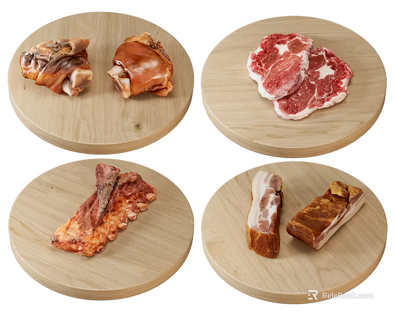 Assorted Pork Hock Raw Steak Roasted Ribs and Bacon on Wooden Plates 3d model 