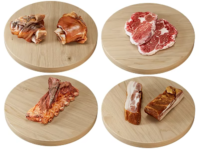Assorted Pork Hock Raw Steak Roasted Ribs and Bacon on Wooden Plates 3d model