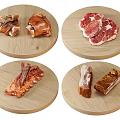 Assorted Pork Hock Raw Steak Roasted Ribs and Bacon on Wooden Plates