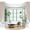 Serene Home Balcony Featuring Large Window Hanging Plants Potted Greenery Chair Round Coffee Table Curtains