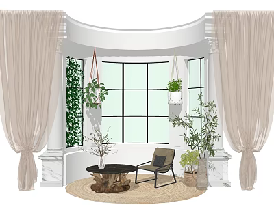 Serene Home Balcony Featuring Large Window Hanging Plants Potted Greenery Chair Round Coffee Table Curtains 3d model