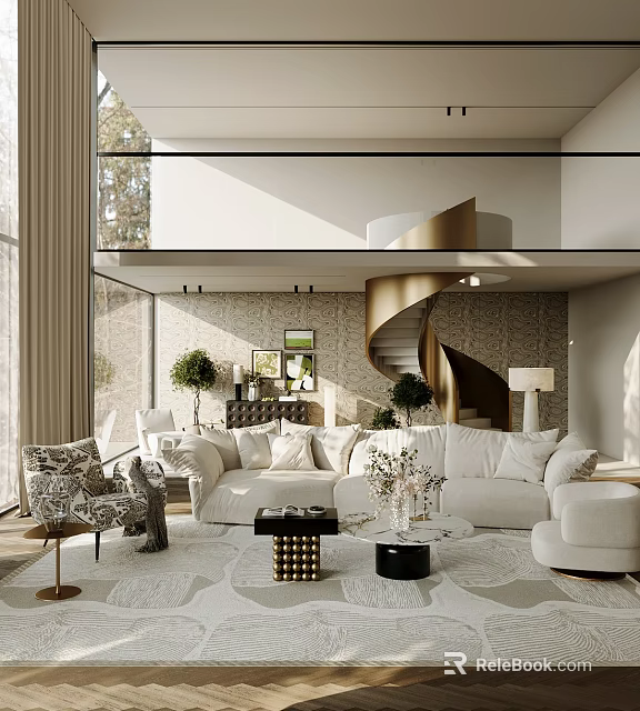 Duplex Living Room With White Sofa Spiral Staircase Large Windows And Plants 3d model 