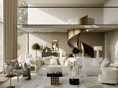 Duplex Living Room With White Sofa Spiral Staircase Large Windows And Plants 3d model