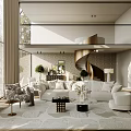 Duplex Living Room With White Sofa Spiral Staircase Large Windows And Plants