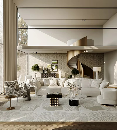 Duplex Living Room With White Sofa Spiral Staircase Large Windows And Plants 3d model