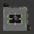 Detailed 3D Model of Industrial Mechanical Structure With Platform Pillars and Green Components