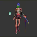 3D Character With Purple Hair Black Jacket Shorts White Cup Blue Staff Pink Striped Boots
