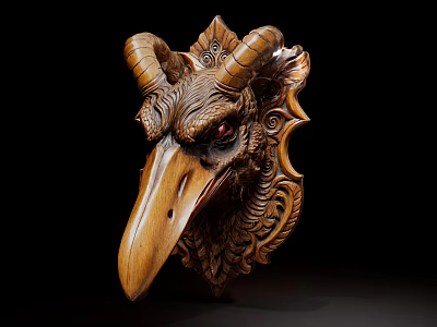 Carved Animal Head Decorative Ornament Set With Intricate Patterns Horns And Red Eyes 3d model