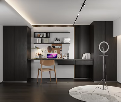 Modern Home Office Interior Design With Dark Wood Cabinets Writing Desk And Floor Lamp 3d model
