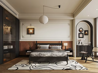 Modern Elegant Bedroom With Bed Pillows Round Pendant Light Black White Pattern Rug Arched Doorway 3d model