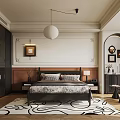 Modern Elegant Bedroom With Bed Pillows Round Pendant Light Black White Pattern Rug Arched Doorway