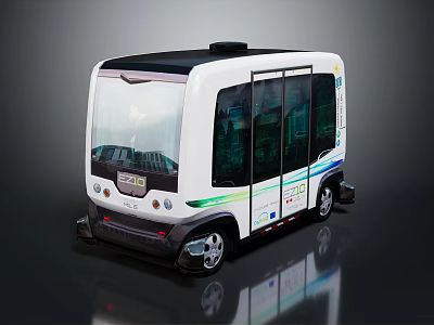Modern White Autonomous Bus With Large Windows Green Blue Stripes And Roof Sensors 3d model
