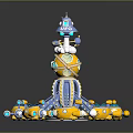 Rotating Amusement Ride Building with Central Tower MOON STAR Sign Yellow Cars and Blue Accents