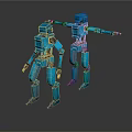 Blue Mechanical Robot Figures With Extended Relaxed Arm Positions And Metal Structure