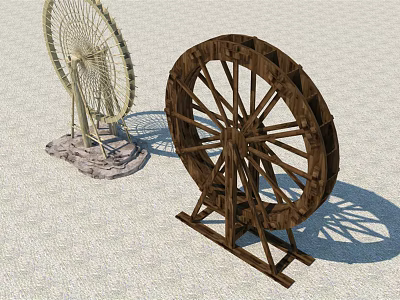 Garden Ornaments Showcasing Wooden Wheel And Light Colored Fan Like Structure With Stand 3d model