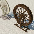 Garden Ornaments Showcasing Wooden Wheel And Light Colored Fan Like Structure With Stand