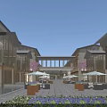 Vibrant Commercial Street With Modern Traditional Buildings Pedestrians And Flowering Trees