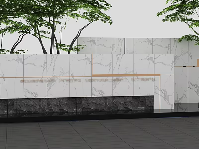 Modern Marble Feature Wall With Golden Lines And Trees Near Gray Floor Tiles 3d model