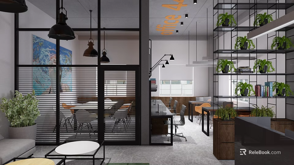 Open Public Office Space With Modern Furniture Green Plants And Art Wall Decor 3d model 