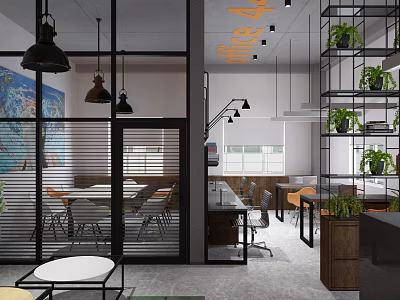 Open Public Office Space With Modern Furniture Green Plants And Art Wall Decor 3d model