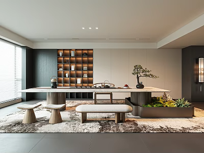 Modern Tea Room Interior Design With Long Wooden Table Tea Sets And Potted Plants 3d model
