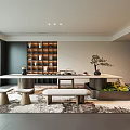 Modern Tea Room Interior Design With Long Wooden Table Tea Sets And Potted Plants
