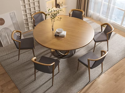 Modern Round Wooden Dining Table Set with Chairs and Vase Decoration on Soft Rug 3d model