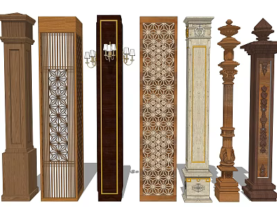 Assorted Decorative Columns Showcasing Carved Patterns Wooden Details And Intricate Designs 3d model