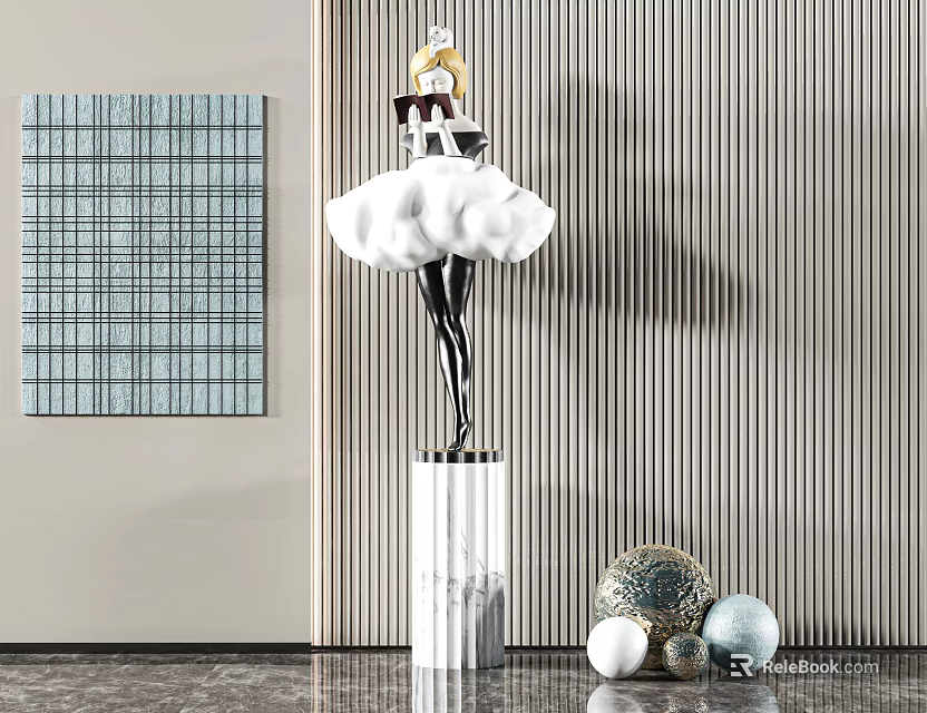 Modern Artistic Sculpture With Cloud Shaped Top Black Body On Marble Pedestal And Spherical Decorations 3d model 