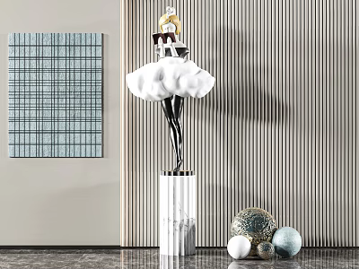 Modern Artistic Sculpture With Cloud Shaped Top Black Body On Marble Pedestal And Spherical Decorations 3d model