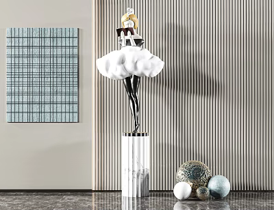 Modern Artistic Sculpture With Cloud Shaped Top Black Body On Marble Pedestal And Spherical Decorations 3d model