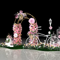 Romantic Photo Spot With Flower Arch Pink White Flowers White Bicycle Lanterns On Green Grass