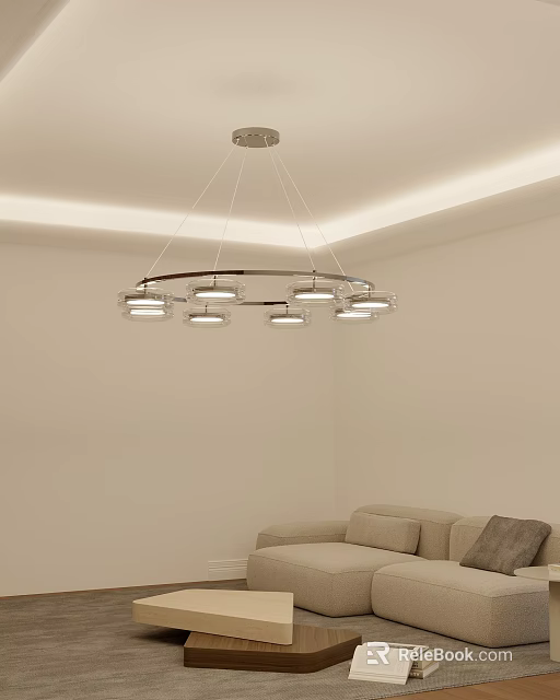 Modern Living Room Interior Design With Beige Sofa Chandelier And Light Colored Walls 3d model 