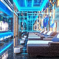 Modern SPA Sauna Interior With Comfortable Bed Decorative Plants TV And Ambient Lighting