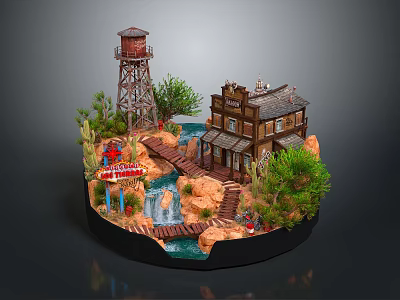Vintage Decorative Miniature Scene With Old Water Tower Wooden Bridge Small Cabin And Green Plants 3d model