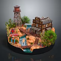 Vintage Decorative Miniature Scene With Old Water Tower Wooden Bridge Small Cabin And Green Plants