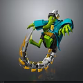 Green Creature Character Wearing Blue Coat And White Hat Holding Weapon With Orange White Rings