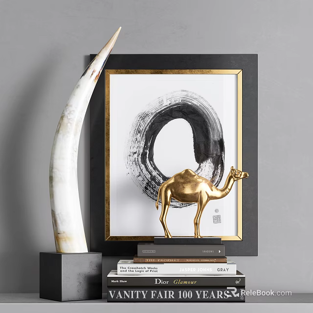 Decorative Ornament Set With Golden Camel Figurine Black White Ink Painting And Ivory Shaped Ornament 3d model 