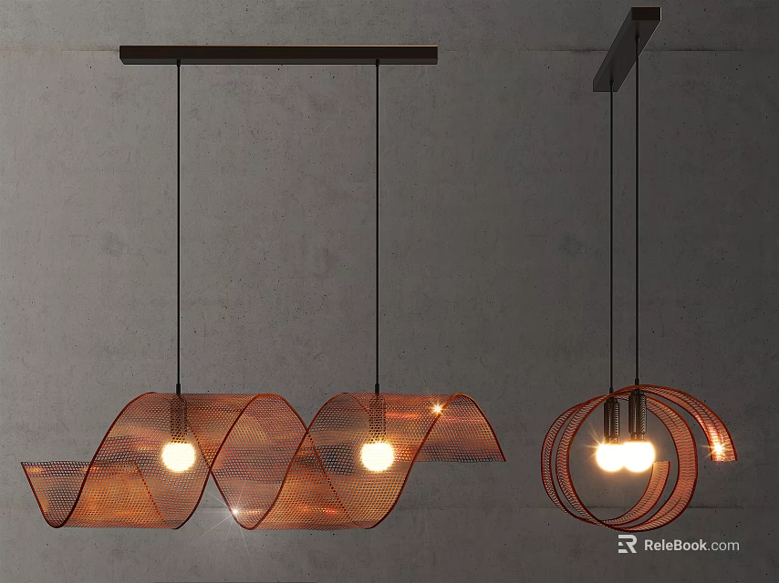 Modern Curved Copper Pendant Lights Illuminated On Gray Wall Background 3d model