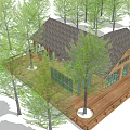 Wooden Cabin Surrounded by Green Trees With Large Windows and Wooden Deck