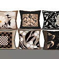 Decorative Throw Pillows With Floral Geometric And Leaf Patterns In Beige Black Brown Tones 3d model
