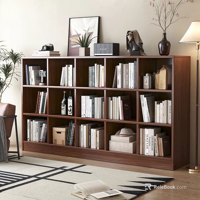 Walnut Wooden Bookcase With Books Decorative Vase Sculpture Picture Frame Plant And Floor Lamp 3d model 