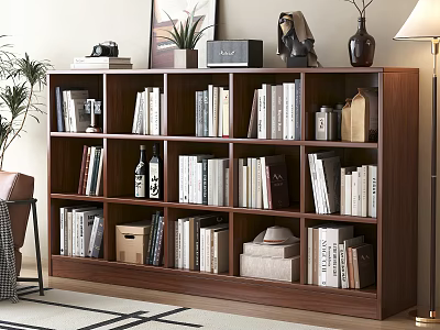 Walnut Wooden Bookcase With Books Decorative Vase Sculpture Picture Frame Plant And Floor Lamp 3d model