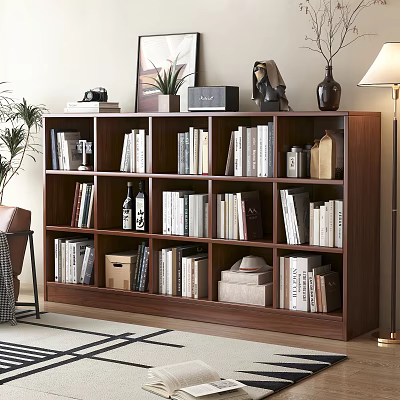 Walnut Wooden Bookcase With Books Decorative Vase Sculpture Picture Frame Plant And Floor Lamp 3d model