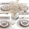 Elegant Dinnerware Set Featuring Plates Bowls Cutlery Wine Glasses And Vase With Dried Flowers