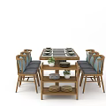 Wooden Dining Table Set With Blue Backrest Chairs Cushions Tableware And Storage Shelf 3d model